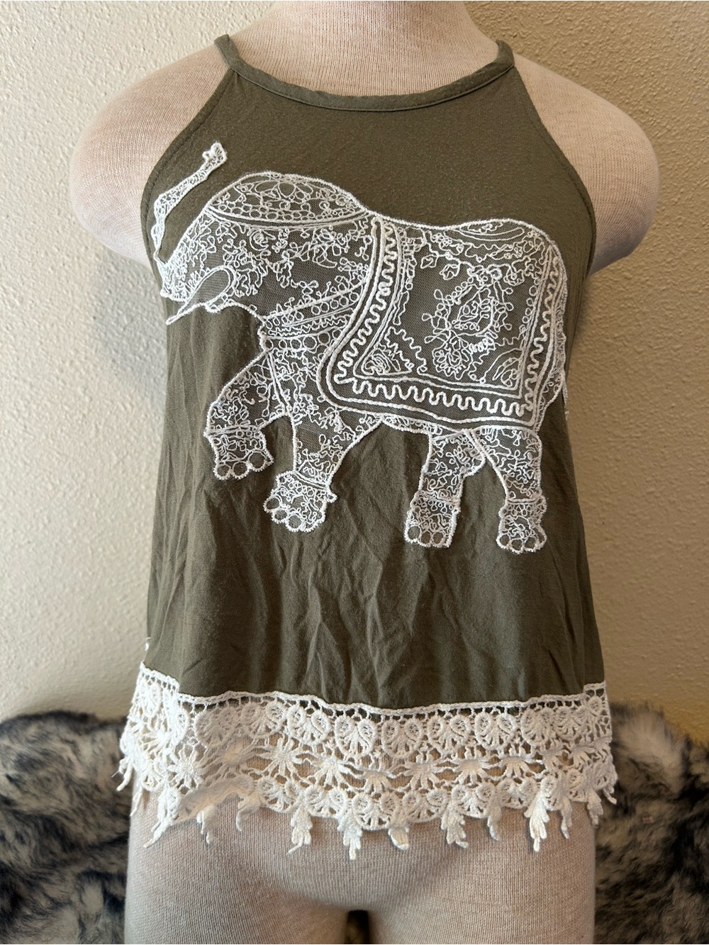 Rue21 Olive Halter Tank with White Elephant Lace Detail